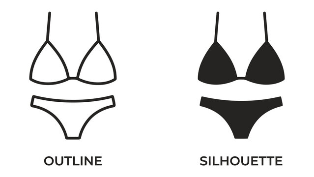 Bikini Outline and Silhouette: A clear comparison between a bikini's line drawing outline and a solid silhouette, representing swimwear design and form.