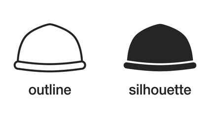 Fototapeta premium Cap Outline and Silhouette: Two simple graphic representations of a cap, one as a clean outline and the other as a solid black silhouette, showcasing its basic shape.