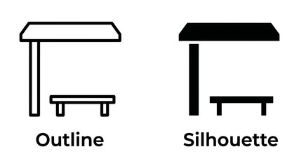 Fototapeta premium Bus Stop Icon: A minimalist representation of a bus stop, shown in both outline and silhouette styles, featuring a shelter and a bench.