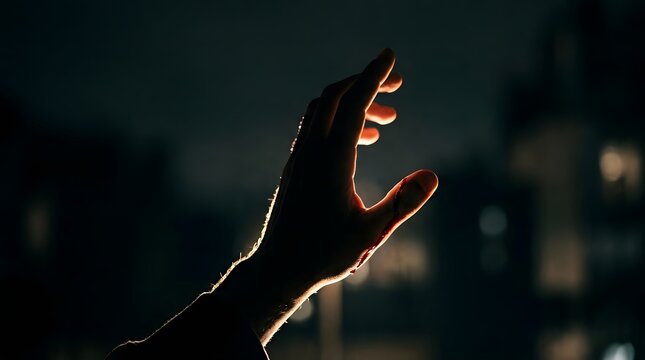 Silhouette of a human hand reaching toward a warm light, symbolizing hope, connection, desire, touch, and emotional expression in a dramatic dark setting.