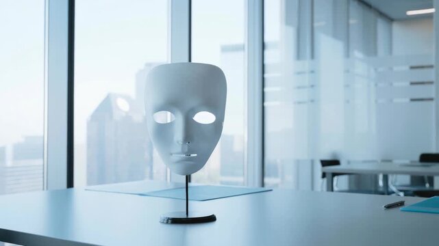White expressionless mask on stand in modern office with city view and glass walls