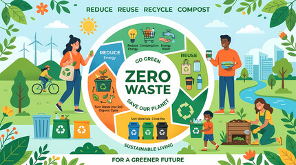 Naklejka premium Zero Waste and Sustainable Living Infographic Concept with People and Nature