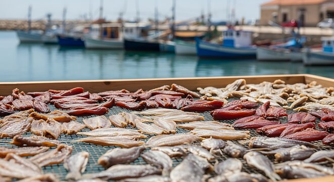 Freshly caught sea fish drying on wooden racks under the sun at a traditional coastal fishing village harbor with many anchored ships waiting for the next trip out to sea during a calm sunny day