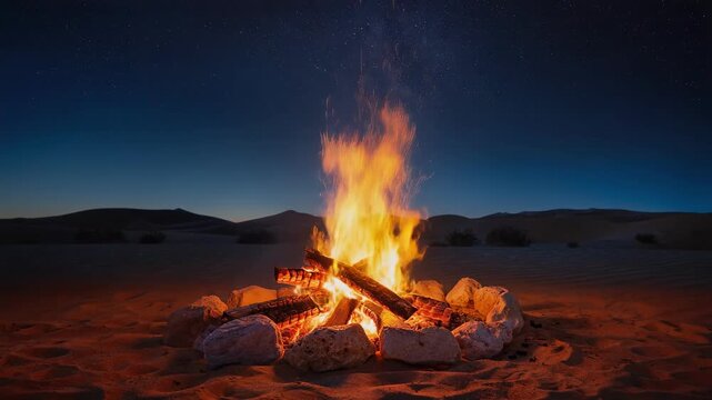 Bright campfire burning on desert sand under starry night sky with distant dunes and rocks