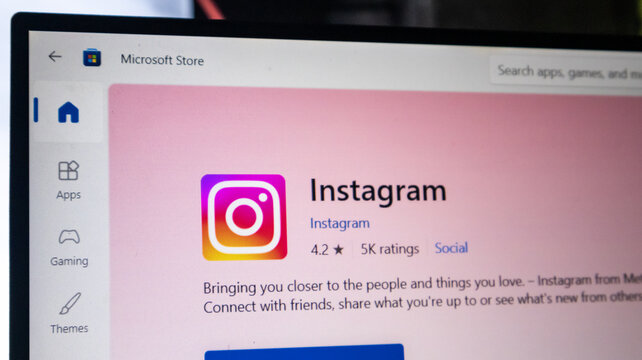 Instagram official application page displayed on microsoft store interface of laptop computer screen.