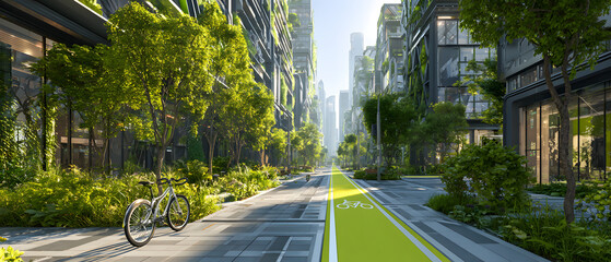 Obraz premium Sustainable city bike lane with green bicycle path, urban greenery, modern mixed use buildings, pedestrian friendly street and eco friendly transport options creating calm atmosphere