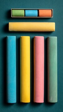 Colorful Chalk Pastels in Rectangular Box and on Green Background