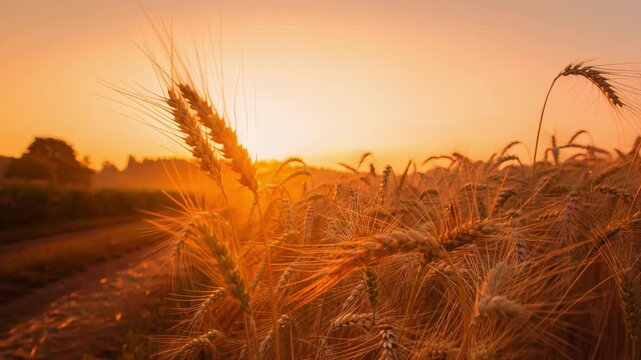 Golden wheat field at sunset with rural dirt road and warm glowing sky landscape