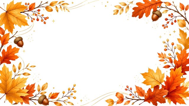 Autumn leaves frame background with maple leaves, acorns, oak leaves, and copy space