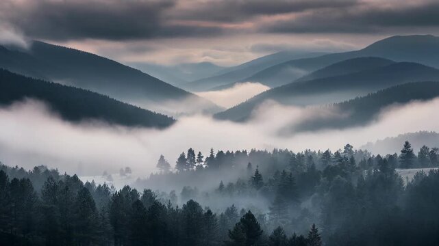 Misty mountain landscape with dense forest and foggy valleys under dramatic cloudy sky at dawn