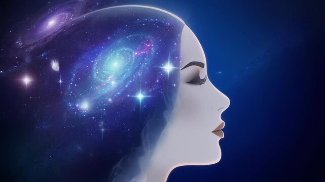 Surreal digital art of woman with cosmic galaxy inside head representing imagination and universe