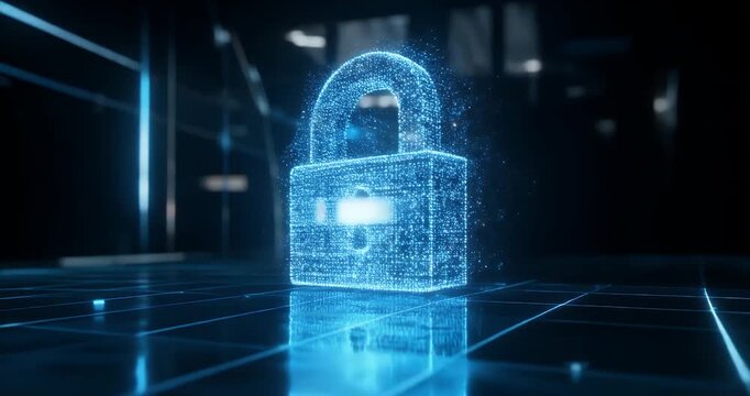 Digital padlock glowing blue, representing cybersecurity and data protection in a futuristic environment.