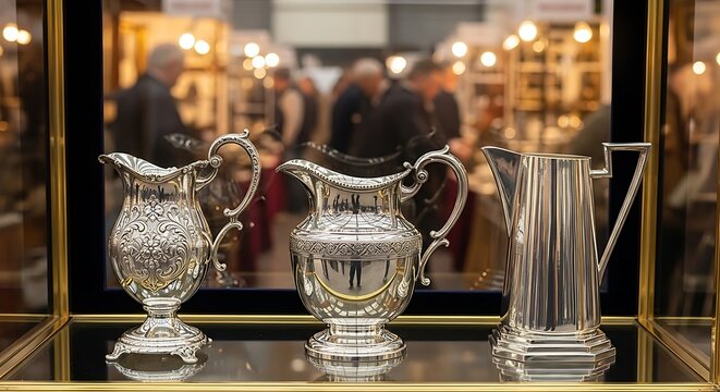 Three shiny metal pitchers displayed in a shop window showcase during a busy antique market fair featuring various collectible silver items with detailed engravings resting on a glass shelf