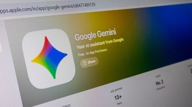 Google gemini ai assistant application store page showcasing vibrant colorful icon and app details.