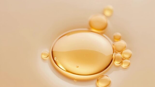 Close up of golden oil droplets on smooth liquid surface in soft warm lighting