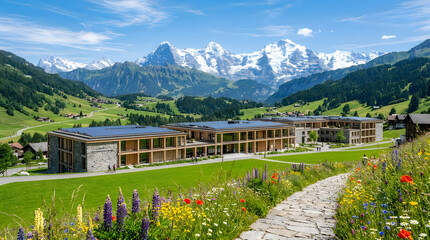 Modern building in the swiss alps with green grass and colorful flowers in the foreground © J.M Store