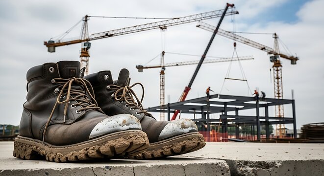 Heavy Duty Leather Boots Resting On Concrete At Construction Site With Tall Tower Cranes Lifting Steel Beams Above Skilled Workers Building The Structure Of A New Commercial Property For Future