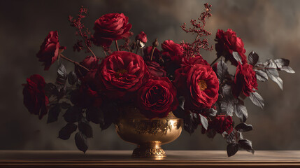 Fototapeta premium Luxurious red garden rose bouquet arranged in antique gold vase, dramatic moody lighting and dark foliage creating romantic elegant still life composition