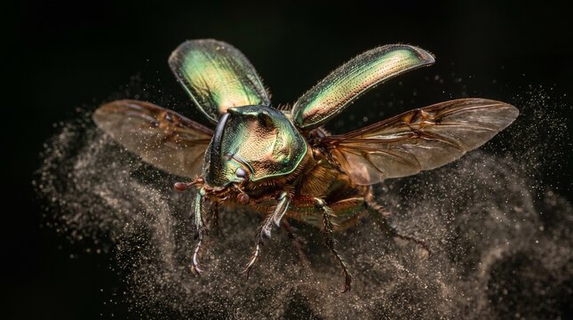 A close-up view of a metallic green rhinoceros beetle spreading its wings against a dark background.