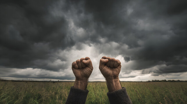 Stormy meadow sky hands raised in defiant fist against dramatic dark clouds, moody landscape and grass field with high contrast and emotional tension