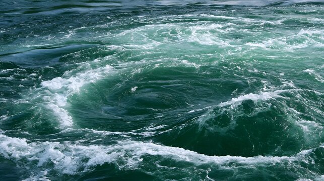 Dynamic swirling water currents form a powerful vortex pattern across deep green ocean surface under bright daylight