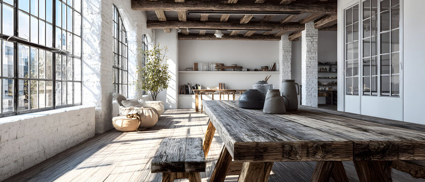 Wide angle rustic table in loft hybrid space airy, sunlit open plan interior with weathered wooden dining table, exposed beams, large industrial windows and cozy seating