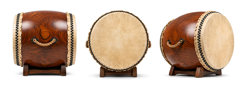 Japanese Taiko Drum Shown from Front Side and Angled Views Isolated on White Background