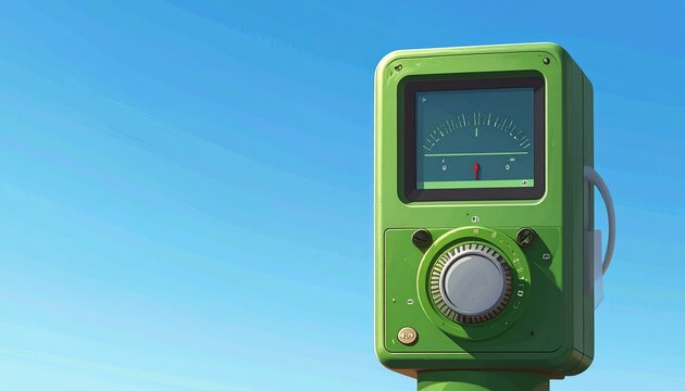 Vintage Green Parking Meter Against Clear Blue Sky.