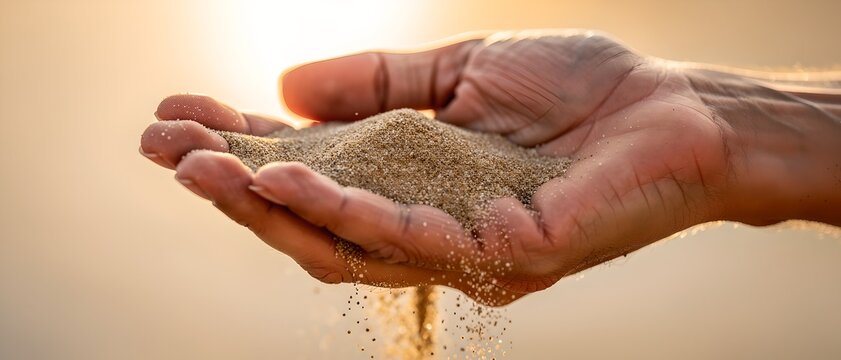 Hand Cupping Fine Sand with Streams Falling Through Fingers &mdash; Warm Golden Hour Light and Soft Bokeh Background