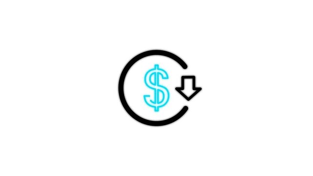 Dollar savings icon with downward arrow representing reduced costs, financial savings, budget management, price reduction, money management, economic efficiency, and profitable business planning.