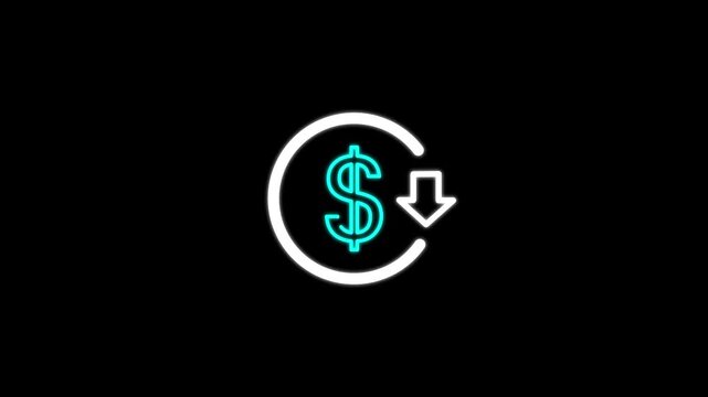 Dollar savings icon with downward arrow representing reduced costs, financial savings, budget management, price reduction, money management, economic efficiency, and profitable business planning.