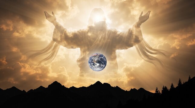 Divine Jesus Christ figure over planet Earth. Ethereal savior silhouette in golden clouds. Spiritual religious concept of world peace. isolated PNG with Transparent Background