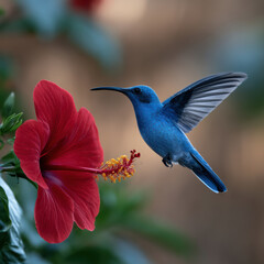 Fototapeta premium Blue hummingbird hovering near vibrant red hibiscus flower, delicate wings, natural background, tropical garden, peaceful scene