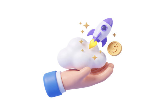 3d cartoon hand holding rocket launching from cloud with rendered cartoon on transparent background