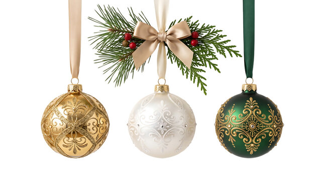 Elegant christmas ornaments a festive trio of gold white and emerald green baubles for holiday cheer