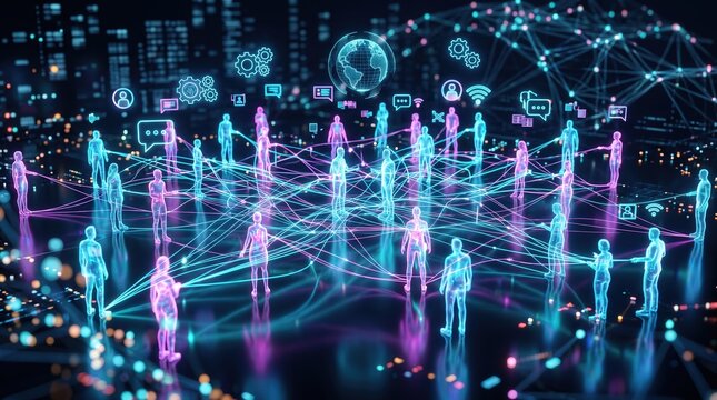 3D Illustration of Holographic Avatars Interconnected by Glowing Data Lines for Metaverse Global Networking and Digital Social Connectivity