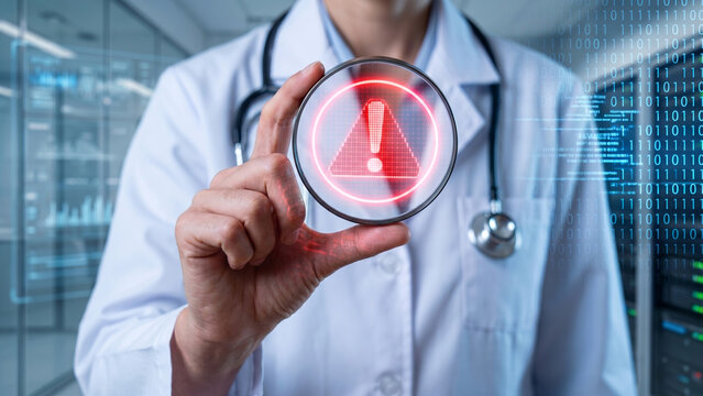 Doctor Holding Warning Sign in High-Tech Medical Environment