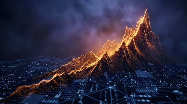 3D Data Visualization of Glowing Mountain Ridge on Digital Circuit Board Background for Cloud Computing and Information Technology
