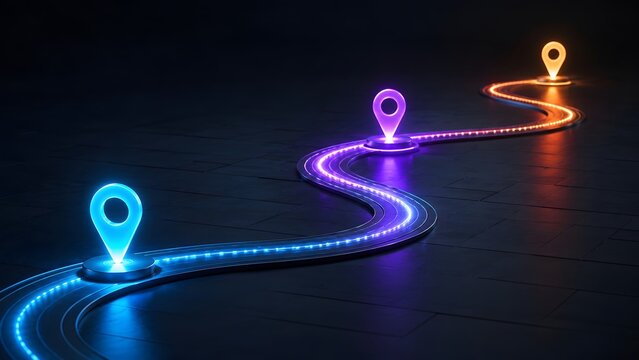 Glowing location pin icons on winding neon road over dark tiled floor. Concept of supply chain logistics, and strategic business journey.