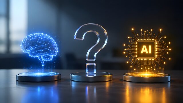 Glowing holographic brain and microchip next to glass question mark on desk. Concept of artificial intelligence ethics, and machine learning dilemma.