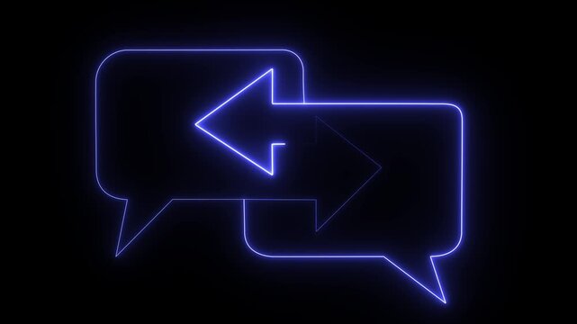 A digital graphic depicting two neon blue speech bubbles with arrows pointing in opposite directions.