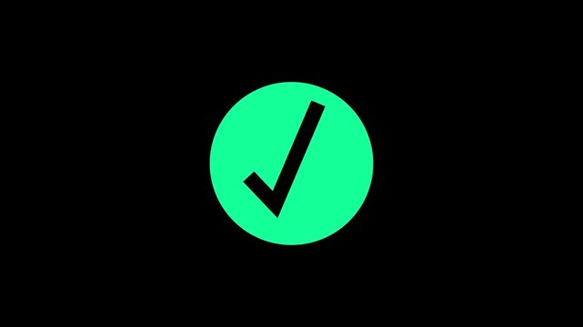 Green checkmark icon rotates and expands on a black background