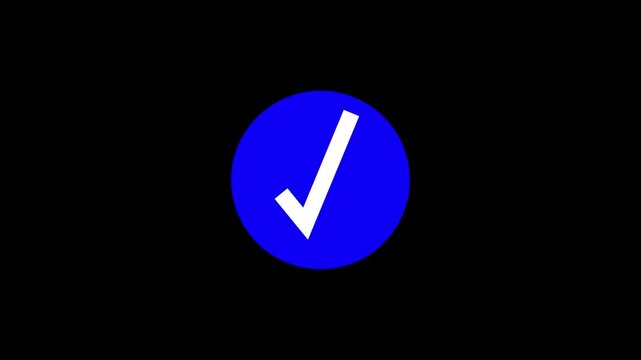 Blue checkmark icon animates with a growing scale on a black background