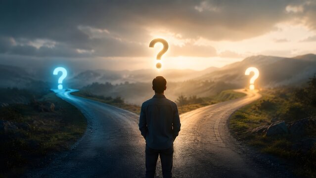 Businessman at road fork facing two paths with glowing question marks. Concept of strategic business decision, career choice, and direction dilemma.