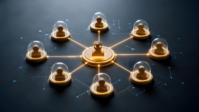 Wooden figure connecting to glass dome avatars via glowing lines. Concept of remote work team management and secure corporate network.