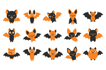 Obraz premium A collection of cute cartoon bat characters featured as part of a fun halloween bundle elements design set