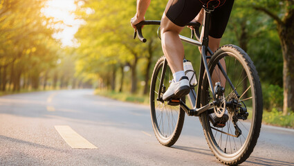 Obraz premium Low angle view of a cyclist pedalling a road bike along a tree lined park road in warm morning sunlight for outdoor fitness training