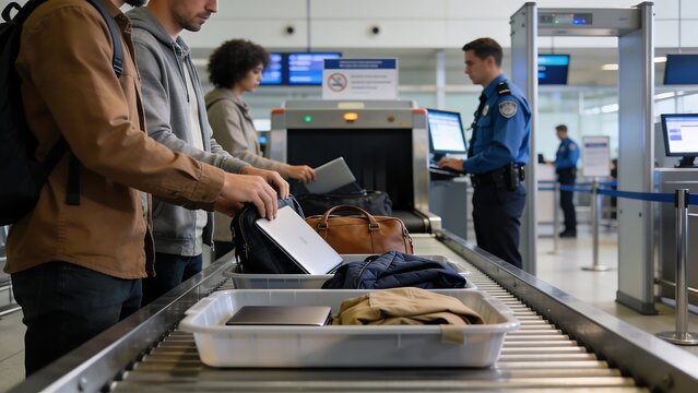 Generative AI depicts travelers and airport security procedures