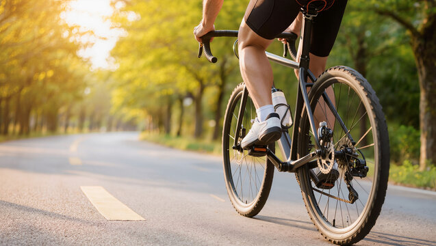 Low angle view of a cyclist pedalling a road bike along a tree lined park road in warm morning sunlight for outdoor fitness training