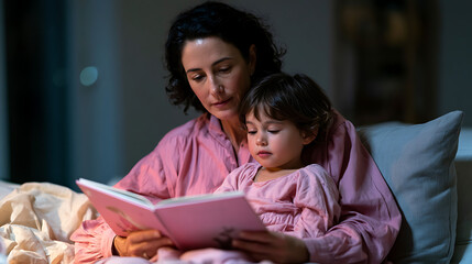 Obraz premium mom and little girl reading book together in bed at night representing family bonding bedtime routine parenting and lifestyle concept